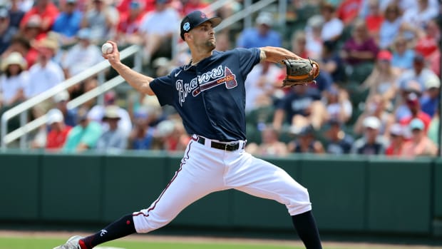 Mar 27, 2023; North Port, Florida, USA; Atlanta Braves relief pitcher Nick Anderson (61) throws a pitch during the fourth inning against the Boston Red Sox at CoolToday Park. Mandatory Credit: Kim Klement-USA TODAY Sports